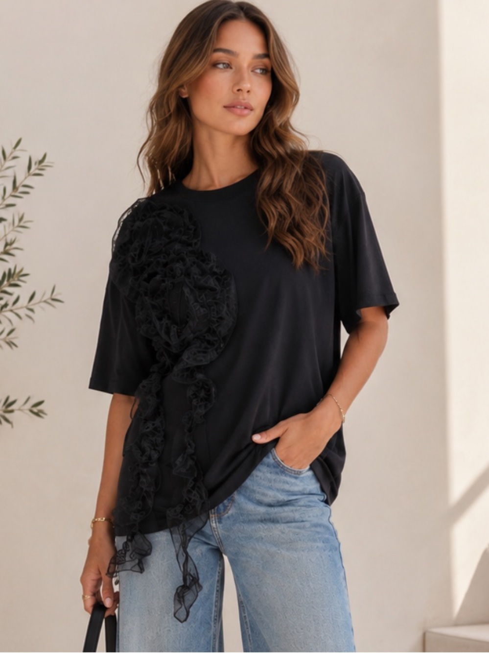 ShopEvelynne Black Floral Ruffle Tee - Picture 2 of 5